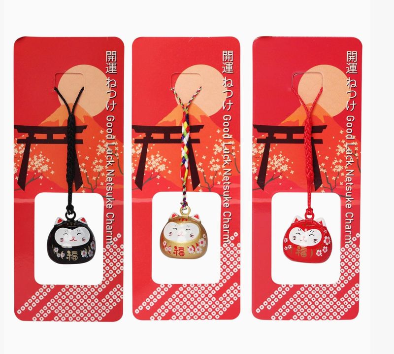 4"L Daruma Cat Netsuke Bell Hanging Charm (1/180)