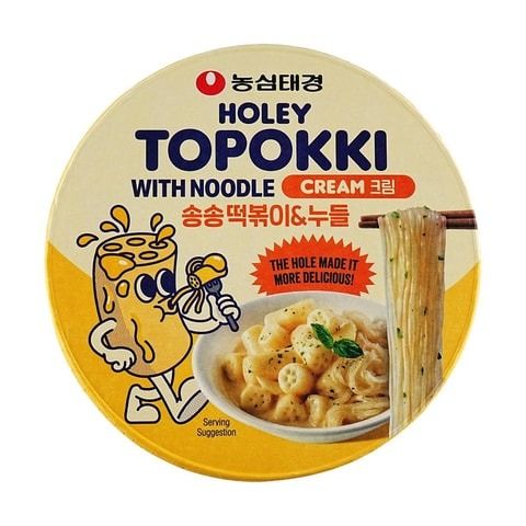 Holey Topokki with Glass Noodle Instant Rice Cake with Vermicelli,Cream Sauce Flavor,4.16 oz (Ready to Eat)