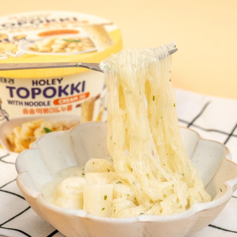 Holey Topokki with Glass Noodle Instant Rice Cake with Vermicelli,Cream Sauce Flavor,4.16 oz (Ready to Eat)