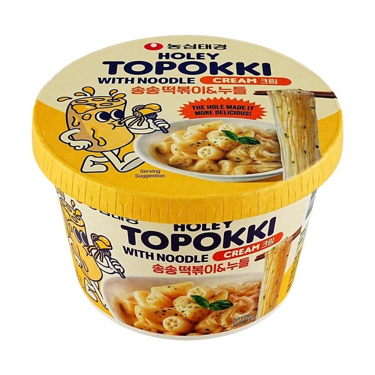 Holey Topokki with Glass Noodle Instant Rice Cake with Vermicelli,Cream Sauce Flavor,4.16 oz (Ready to Eat)