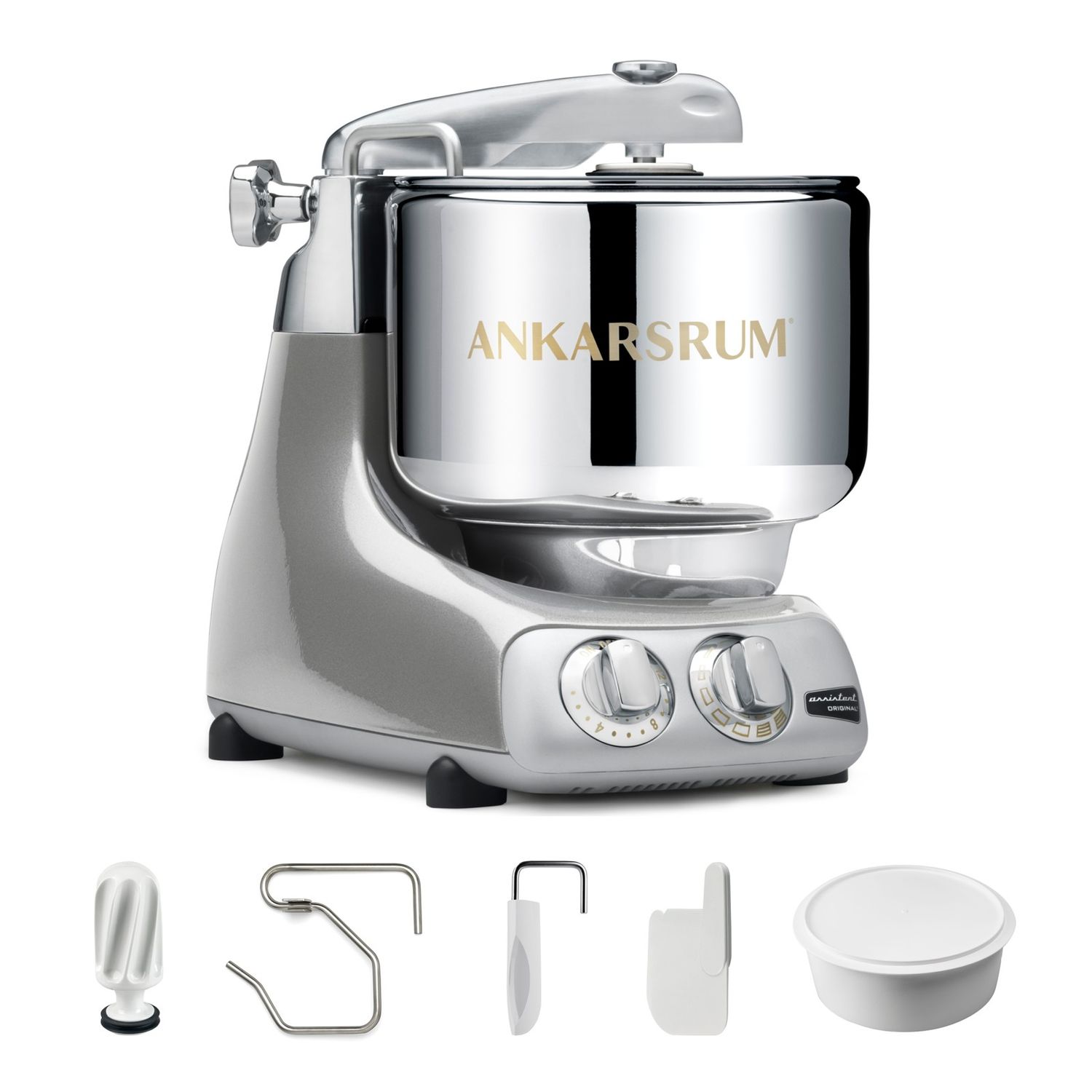 Ankarsrum Assistent® Original Stand Mixer, 7 Qt. Essential Package - Jubilee Silver Metallic Gloss