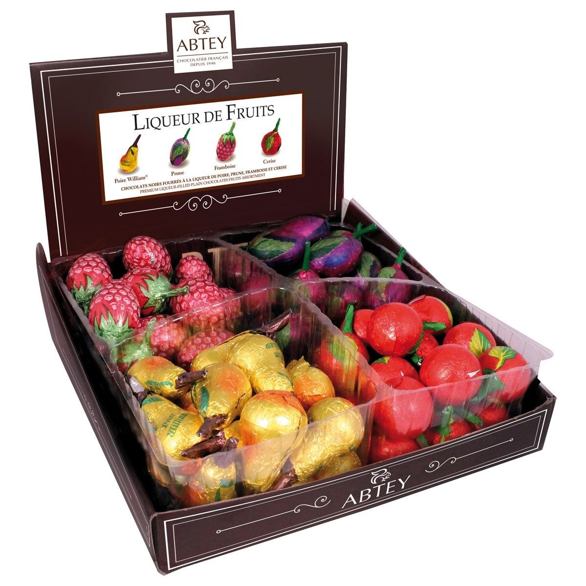 Assorted Dark Chocolate Liqueur Fruits (Pear, Raspberry, Cherry, Plum) Display
