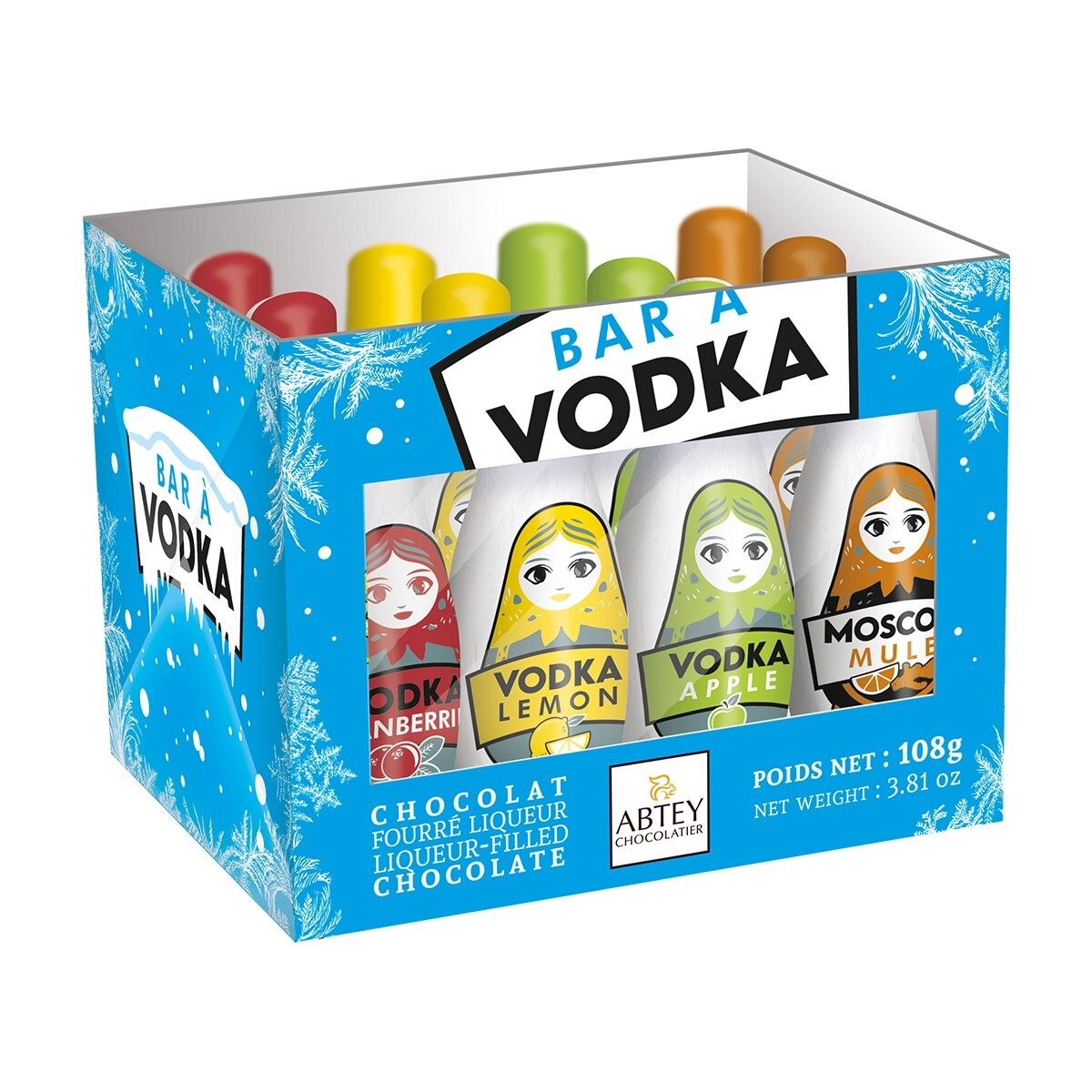 "Bar À Vodka" Chocolate Vodka Filled Bottles (Cranberry, Lemon, Apple, Moscow Mule) Cardboard Crate