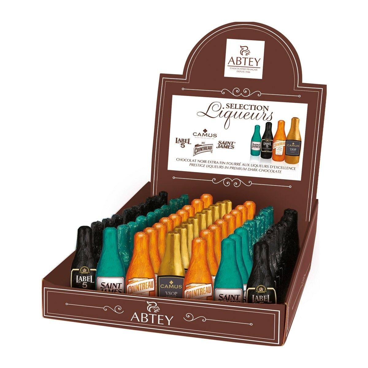 Chocolate Liqueur-Filled Bottles (Cognac, Scotch Whiskey, Rum, Orange Flavored Liqueur) Assortment Display