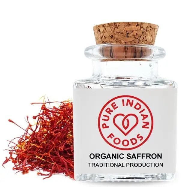 Spanish Saffron 1g Glass Bottle, Certified Organic | Pure Indian Foods