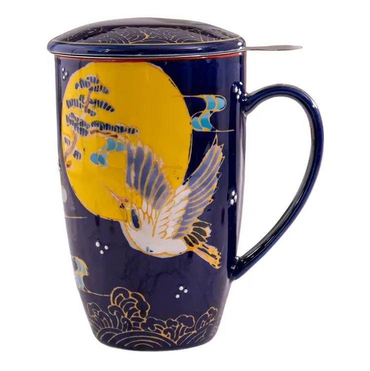 Japanese Crane Porcelain Tea Mug with Lid and Infuser – Navy, 15 oz | Urban Tokyo