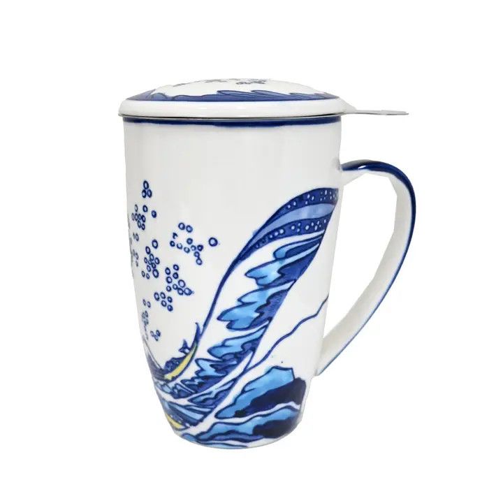 Great Wave Porcelain Tea Mug with Lid and Infuser – 15 oz | Urban Tokyo