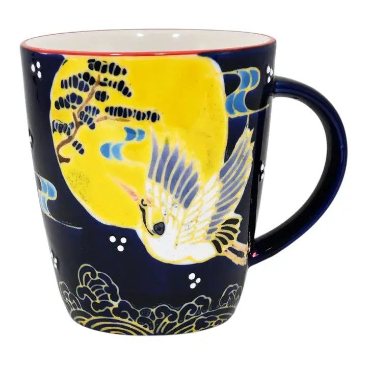 Moon Crane Hand-Painted Porcelain Mug – Navy, 12 oz | Urban Tokyo