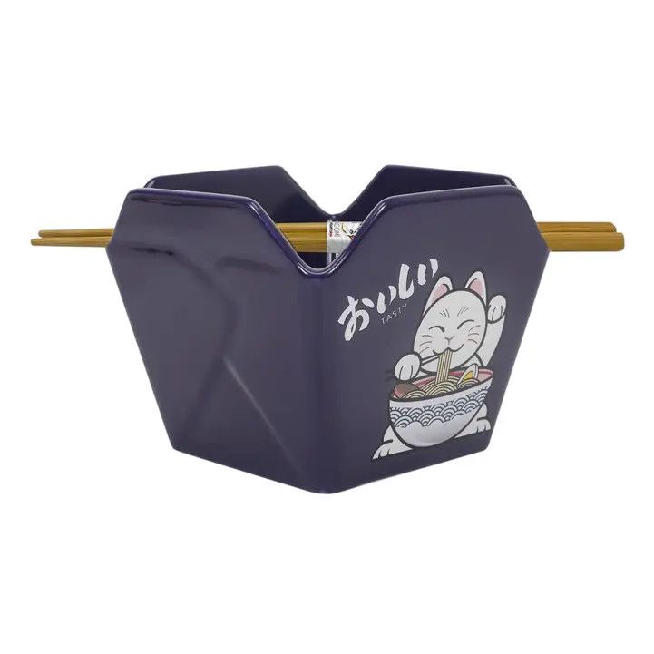 Takeout Box Ceramic Bowl &amp; Chopsticks Gift Set – Ramen Cat, 16 oz | Urban Tokyo