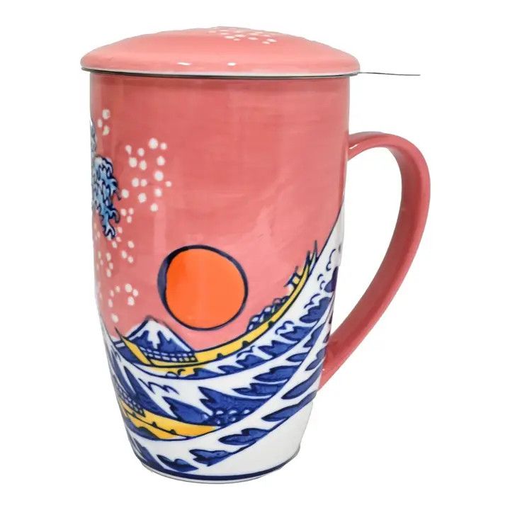 Sunset Wave Porcelain Tea Mug with Lid and Infuser – 15 oz | Urban Tokyo