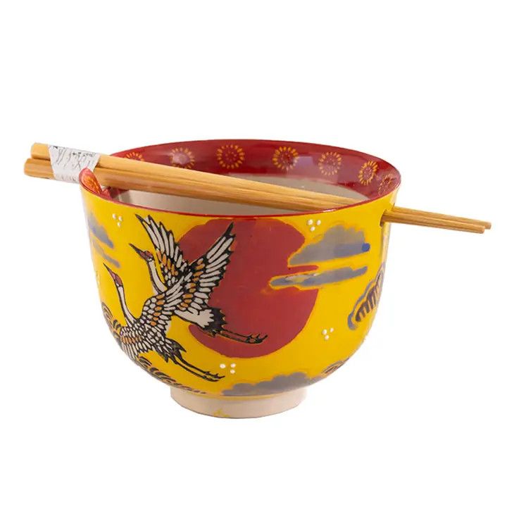 Ceramic Donburi Bowl &amp; Chopsticks Gift Set – Japanese Crane Rising Sun, 18 oz | Urban Tokyo