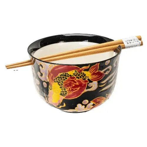 Ceramic Donburi Bowl &amp; Chopsticks Gift Set – Koi Fish Black, 18 oz | Urban Tokyo