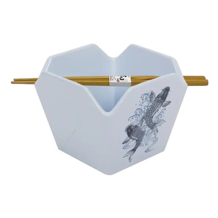 Takeout Box Ceramic Bowl &amp; Chopsticks Gift Set – Koi Fish, 16 oz | Urban Tokyo