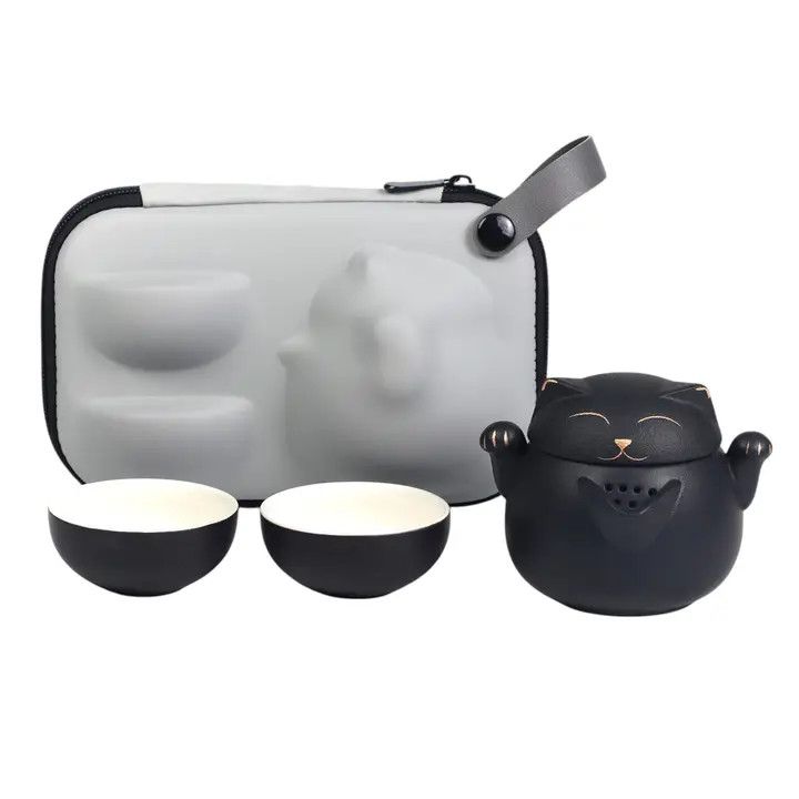 Maneki Neko Lucky Cat Travel Tea Set – Black, 3 Pieces | Urban Tokyo