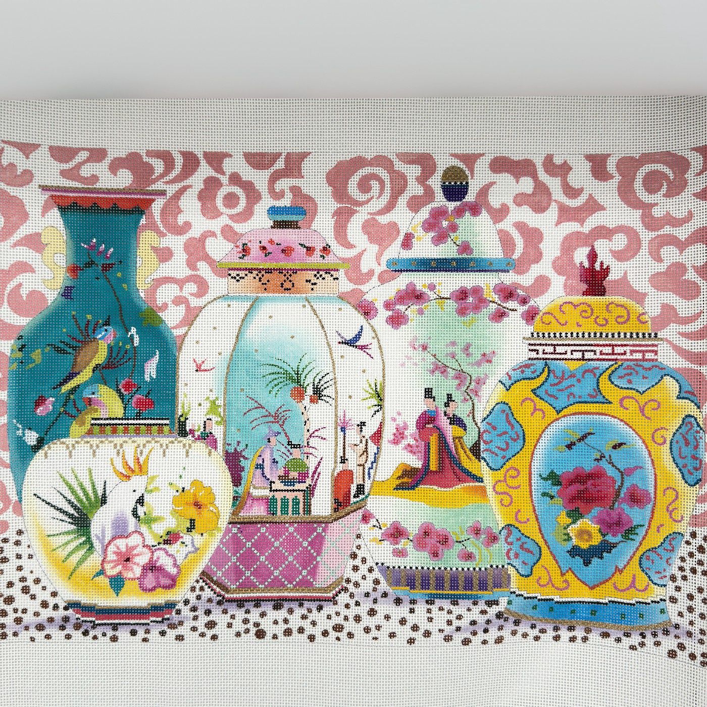 4 Vases on Pink Swirls