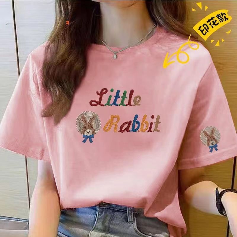 Pure Cotton Short-sleeved T-shirt Women&#39;s 2024 New Summer Shoulder Half-sleeved T-shirt Design Sense Niche Crewneck Printed Top