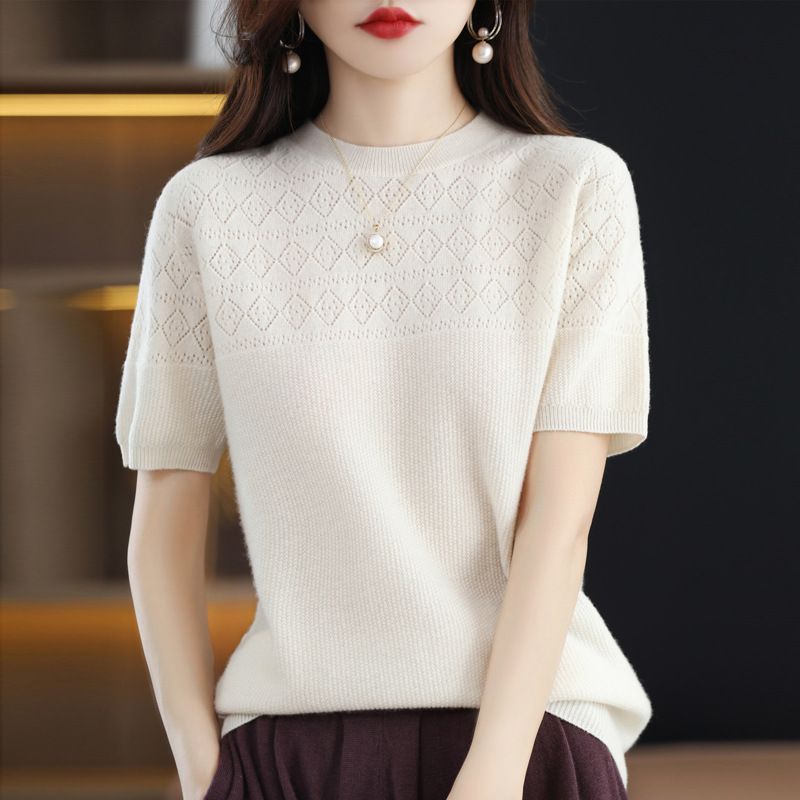 Knitted T-shirt Women&#39;s 2023 Summer New Round Neck Diamond Hollow Short-sleeved Women&#39;s Fashion Knitted Half-sleeved Women&#39;s Top