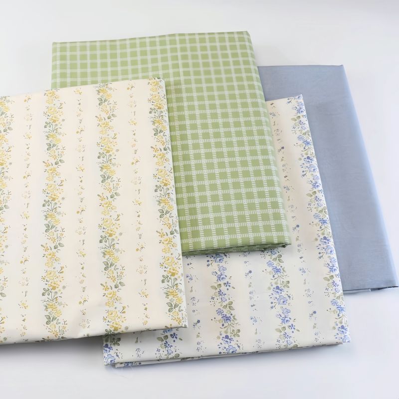 Premium Cotton Bedding Set with Stripes Fabric, Floral and Checkered Patterns Cloth, 50x235cm
