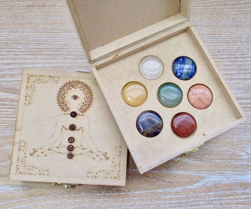 Natural Gemstone Galactikonsciousness ™ Wooden Box 7 Chakras Polished Stones