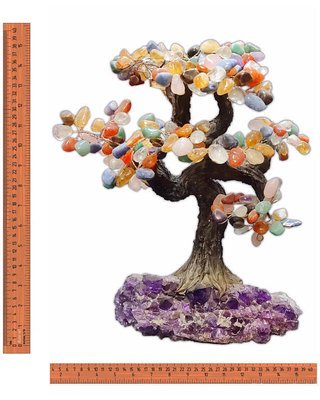 Rainbow Stone Tree of Life Gemstone Healing Rock over Amethyst Statue