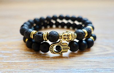 Self Control &amp; Intuition Protective Buddha &amp; Hamsa Bracelet | Black Onyx Matte &amp; Lava Stone Bracelet