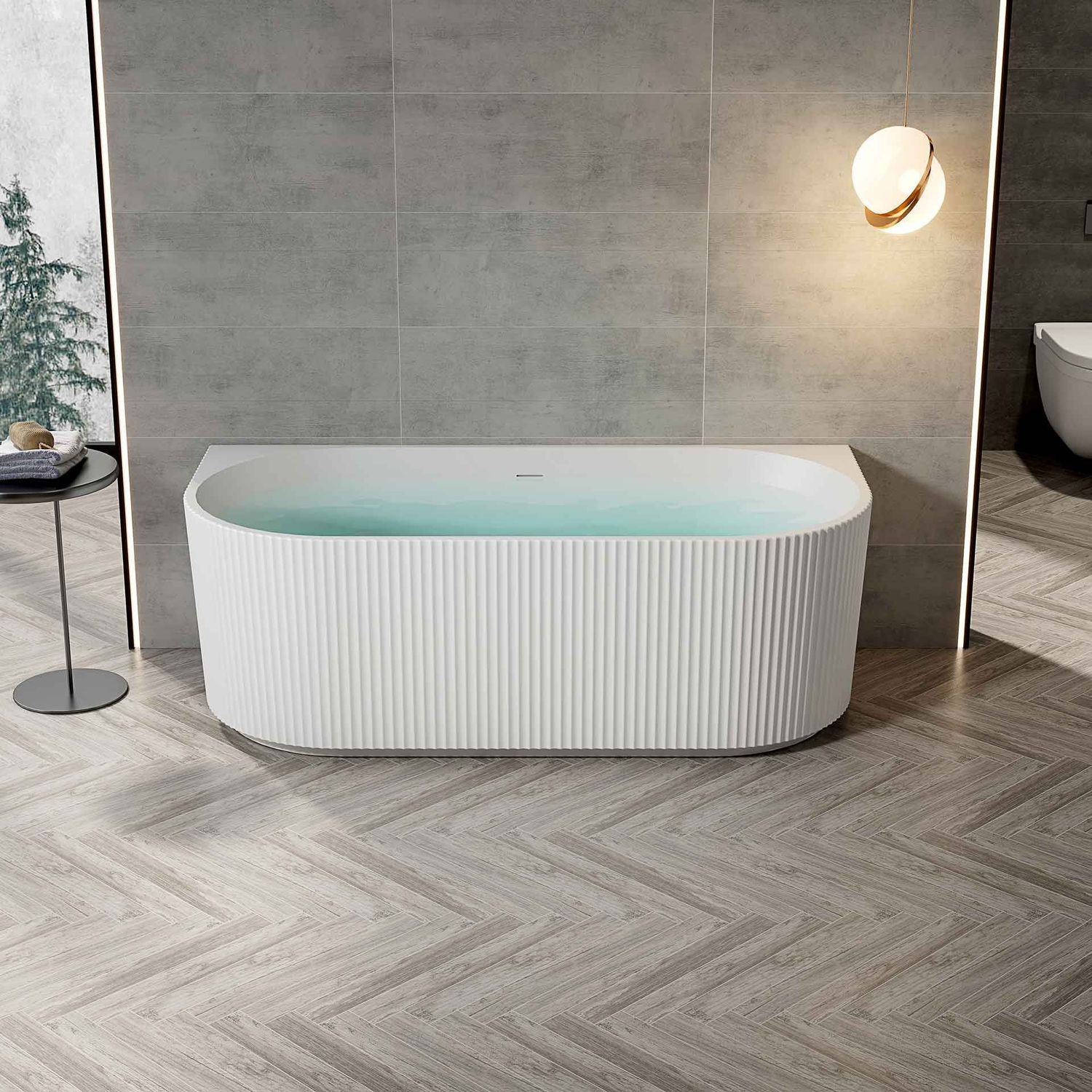 BAIN SEMI-AUTOPORTANT ACRYLIQUE AVEC RAYURES VERTICALES BLANC MAT 170X80X58CM
