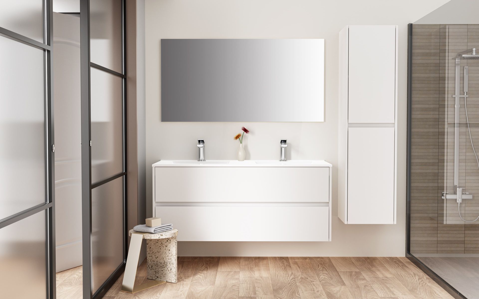 HAYAT MEUBLE SOUS-VASQUE - 2 TIROIRS - SANS POIGNEE - SOFT CLOSE – 119,5X50X45 CM - BLANC BRILLANT