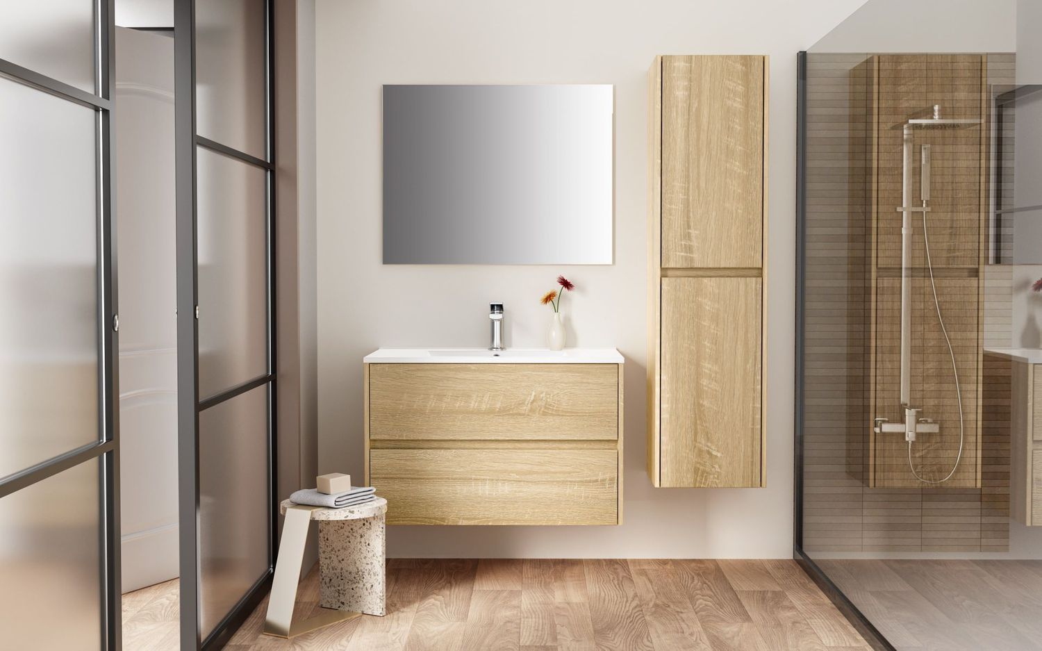 HAYAT MEUBLE SOUS-VASQUE - 2 TIROIRS - SANS POIGNEE - SOFT CLOSE – 79,5X50X45 CM - CHÊNE