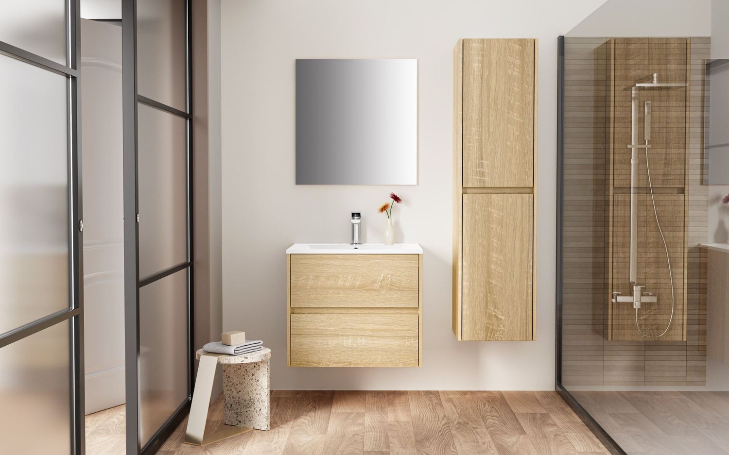HAYAT MEUBLE SOUS-VASQUE - 2 TIROIRS - SANS POIGNEE - SOFT CLOSE – 59,5X50X45 CM - CHÊNE