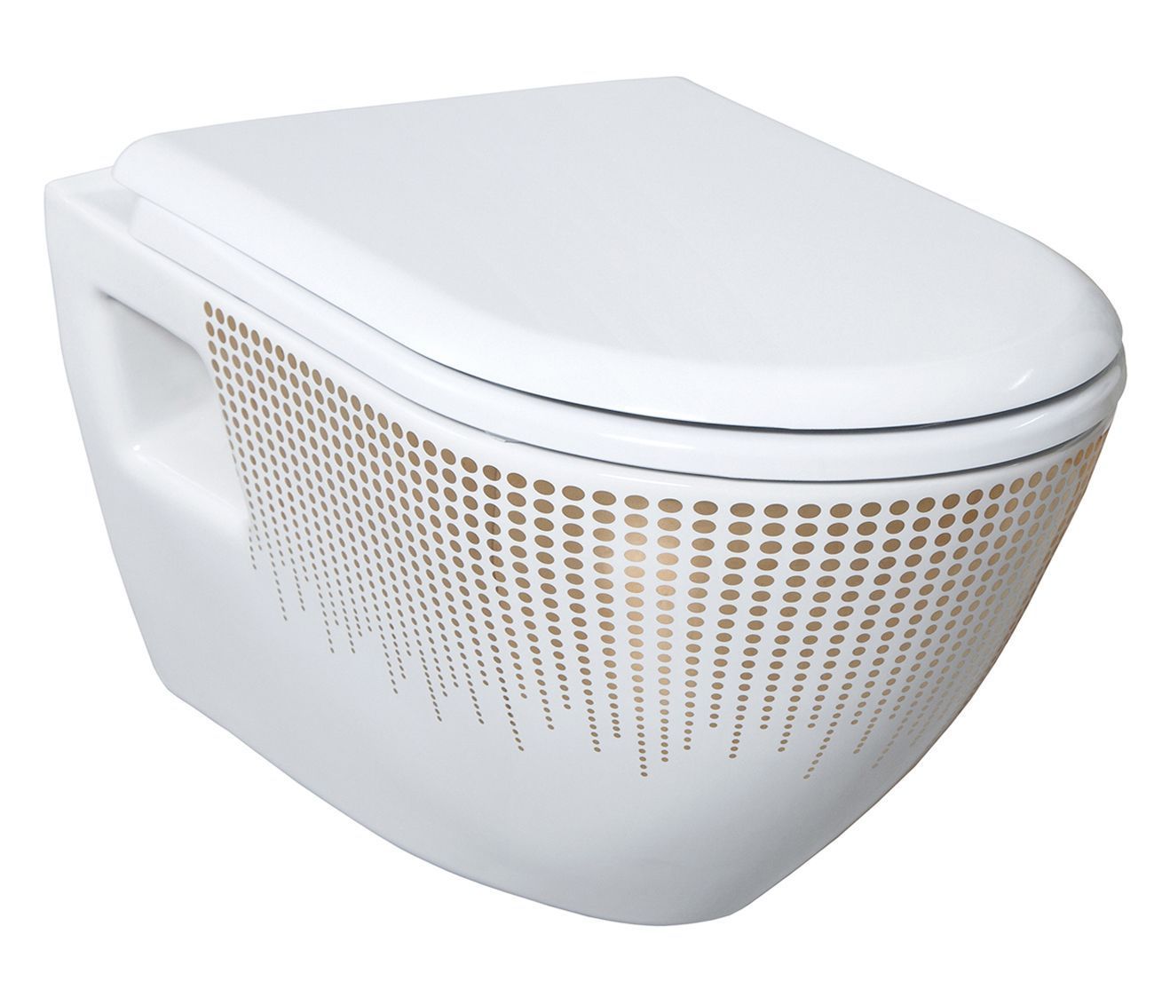 WC suspendu KIA design avec douchette en acier inoxydable (bidet), blanc avec décoration dorée