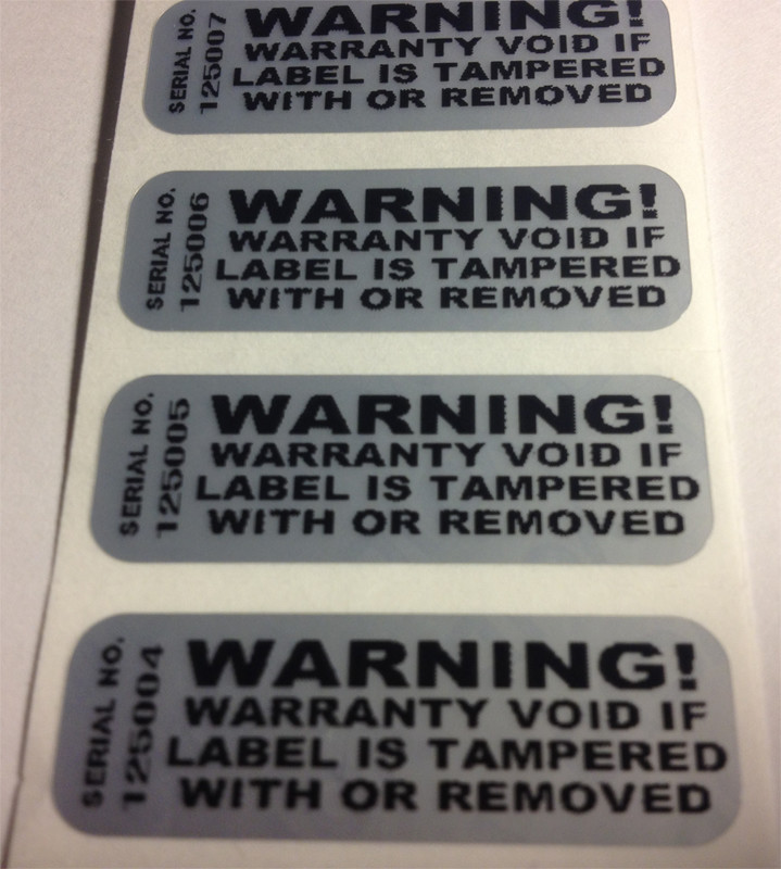 1.5 X .50 Inch Matte Silver Tamper Evident Warning Warranty w/ serial numbering Label