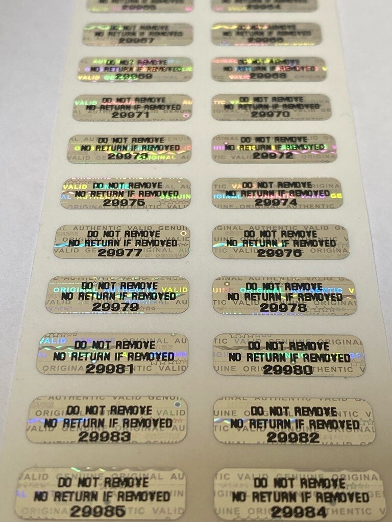 [QTY 100] .75 X .25 inch bright silver tamper evident hologram label DO NOT REMOVE NO RETURN IF REMOVED w/ serial numbering