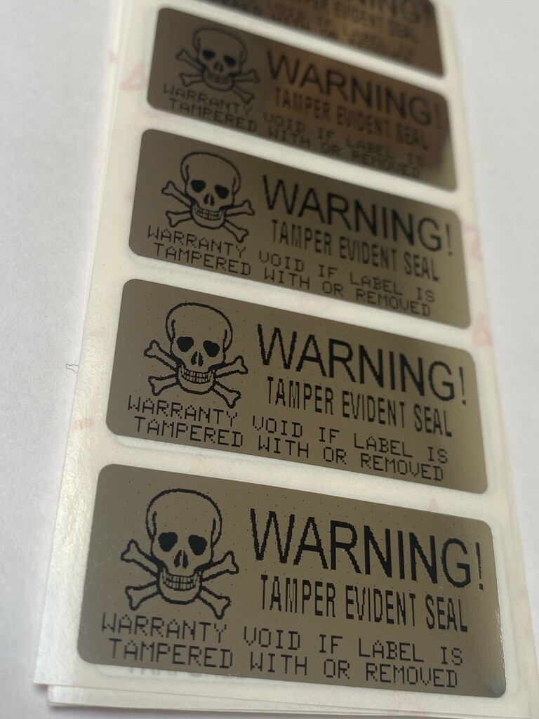 [QTY 100] 1.75 X .75 inch chrome tamper evident labels Warning Tamper Evident Seal Skull