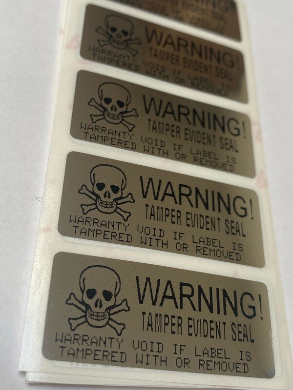 [QTY 100] 1.75 X .75 inch chrome tamper evident labels Warning Tamper Evident Seal Skull