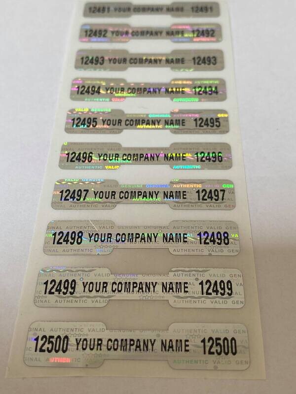 1.75 X .35 Inch Bright Silver Custom Printed Tamper Evident Dogbone Hologram Label