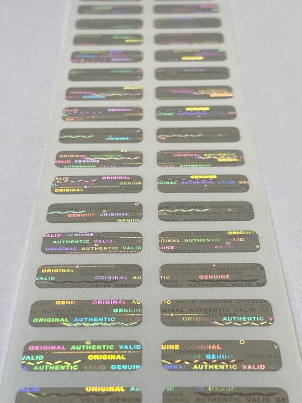 .75 X .25 inch bright silver tamper evident hologram label