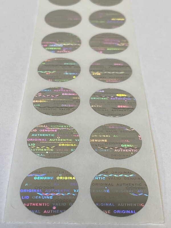 .625 inch round bright silver tamper evident hologram label