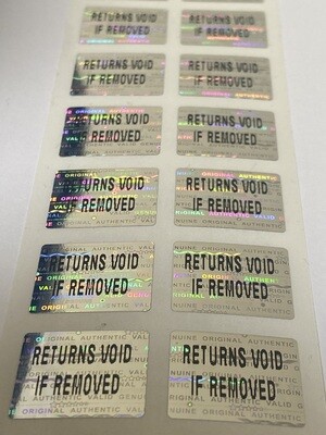 [QTY 100] .75 X .60 inch bright silver tamper evident hologram labels RETURNS VOID IF REMOVED