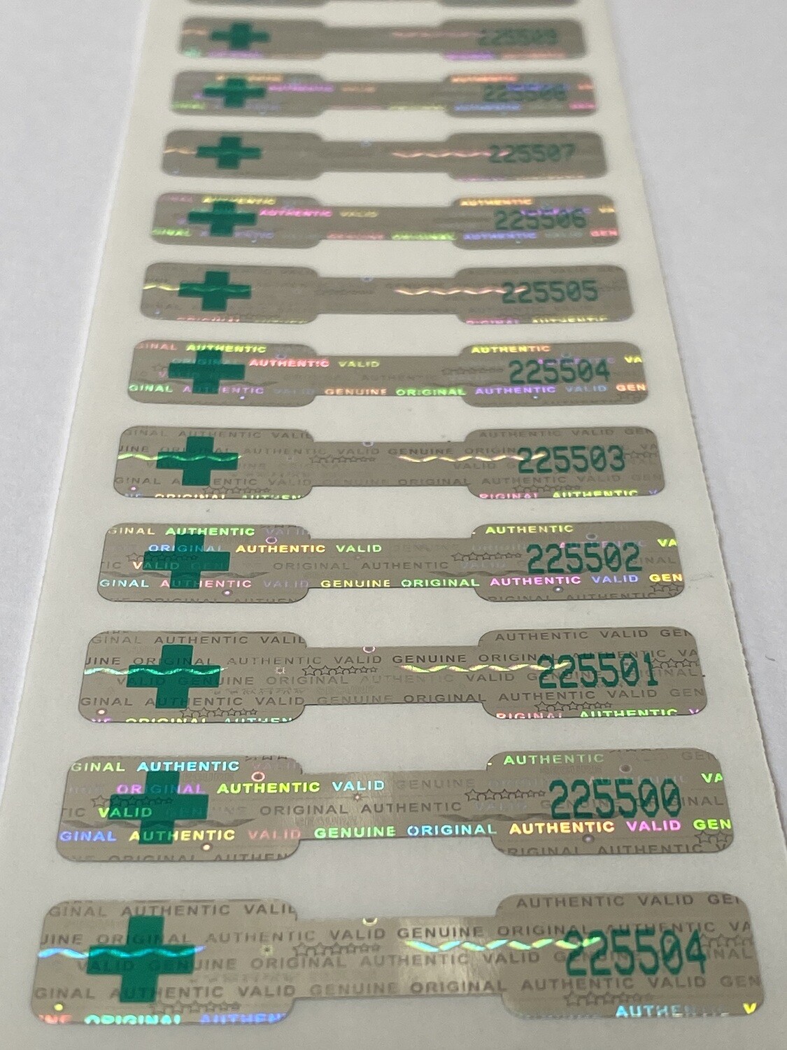 Dogbone Tamper Evident Hologram Label w/ Medical Cannabis Symbol &amp; Serial Numbering