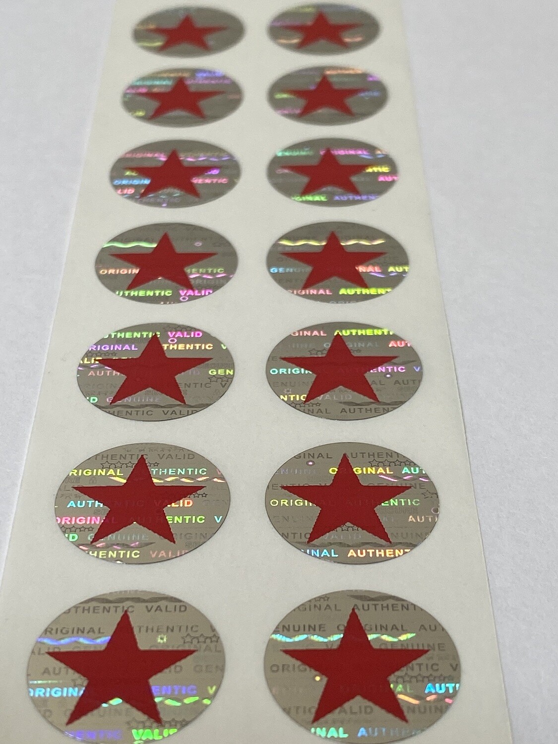 .625 inch round tamper evident hologram label w/ red star
