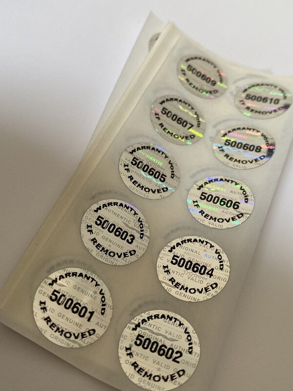 [QTY 100] .65 inch round bright silver tamper evident hologram labels Warranty Void If Removed w/ serial numbering