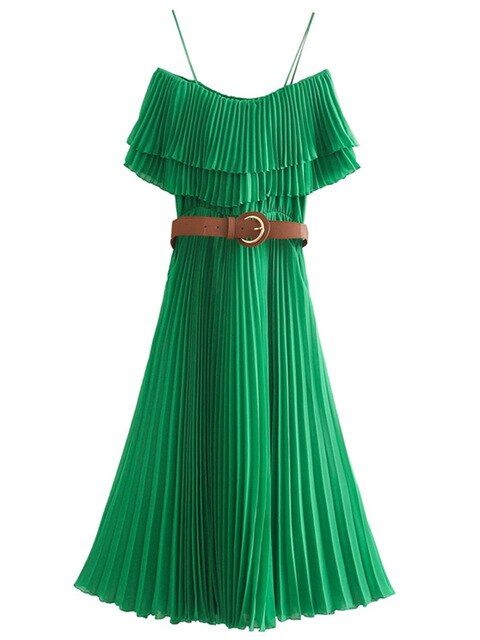Robes femmes mode slash cou volants vert plissé