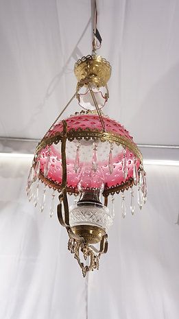 1880s Victorian Hanging Oil Lamp with Cranberry Hobnail Shade