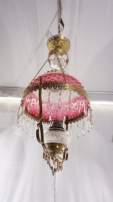 1880s Victorian Hanging Oil Lamp with Cranberry Hobnail Shade