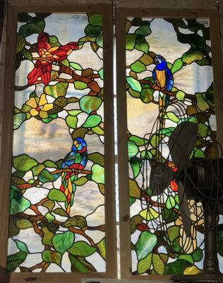 Pair of Stained Glass Windows with Parrots