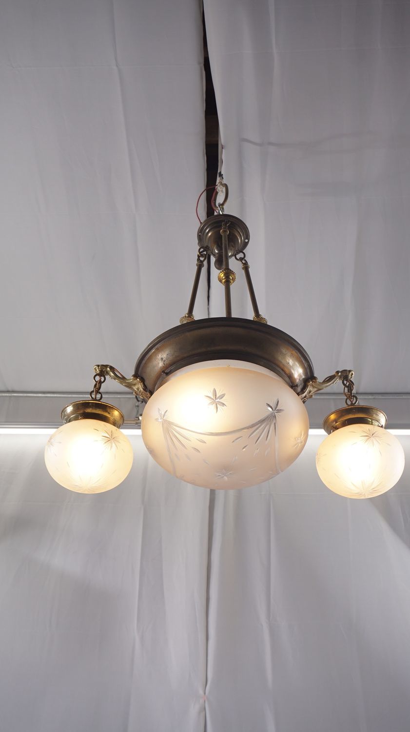 1910-1920s Brass Chandelier with Etched Glass Globe