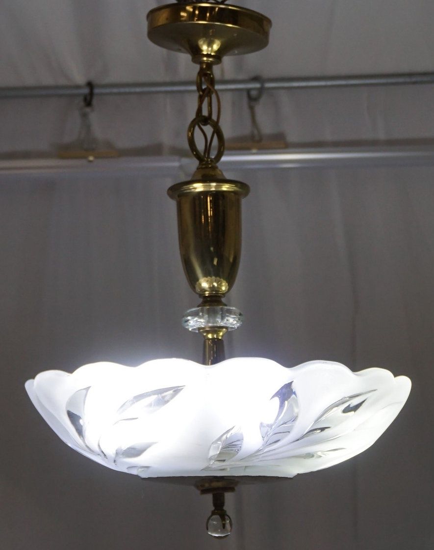 1930-40s Art Deco Bowl Light Fixture with Brass Accents