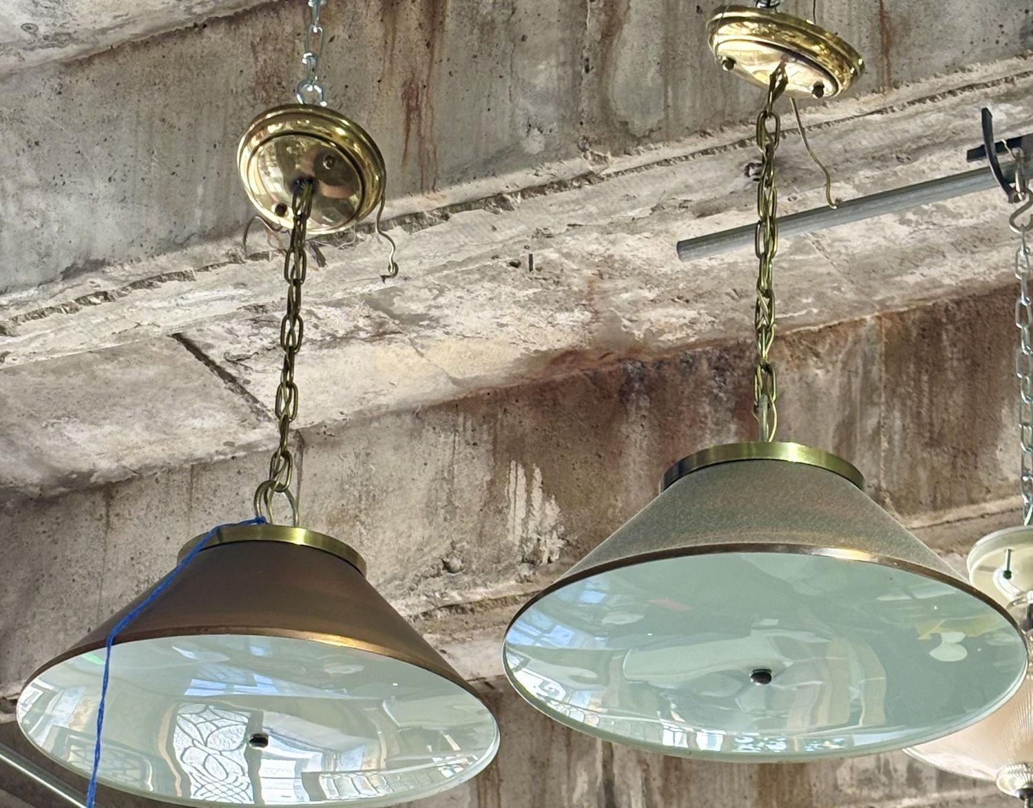 Pair of Mid-Century Copper Pendent Lights with Brass Accents