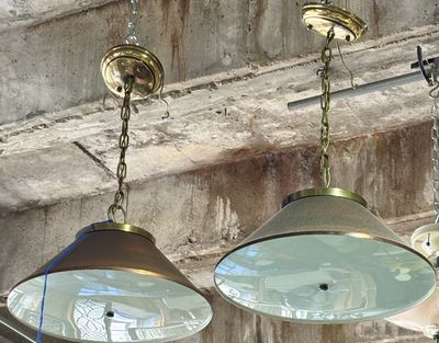 Pair of Mid-Century Copper Pendent Lights with Brass Accents