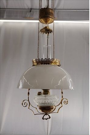 Victorian Hanging Oil Lamp with Milk Glass Shade